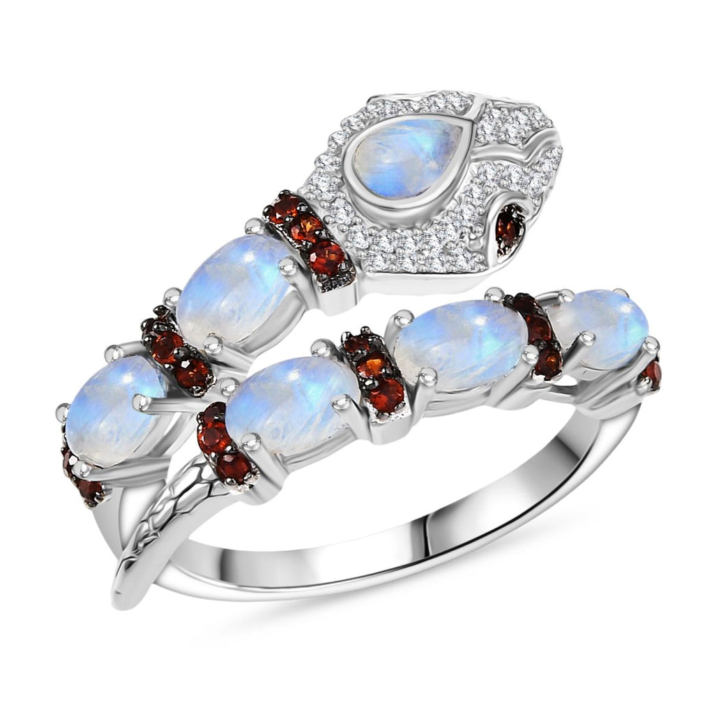 GP Trifono Kollektion- AAA Regenbogen Mondstein, Mosambik Granat, Zirkon und blauer Saphir Ring und 45cm Halskette