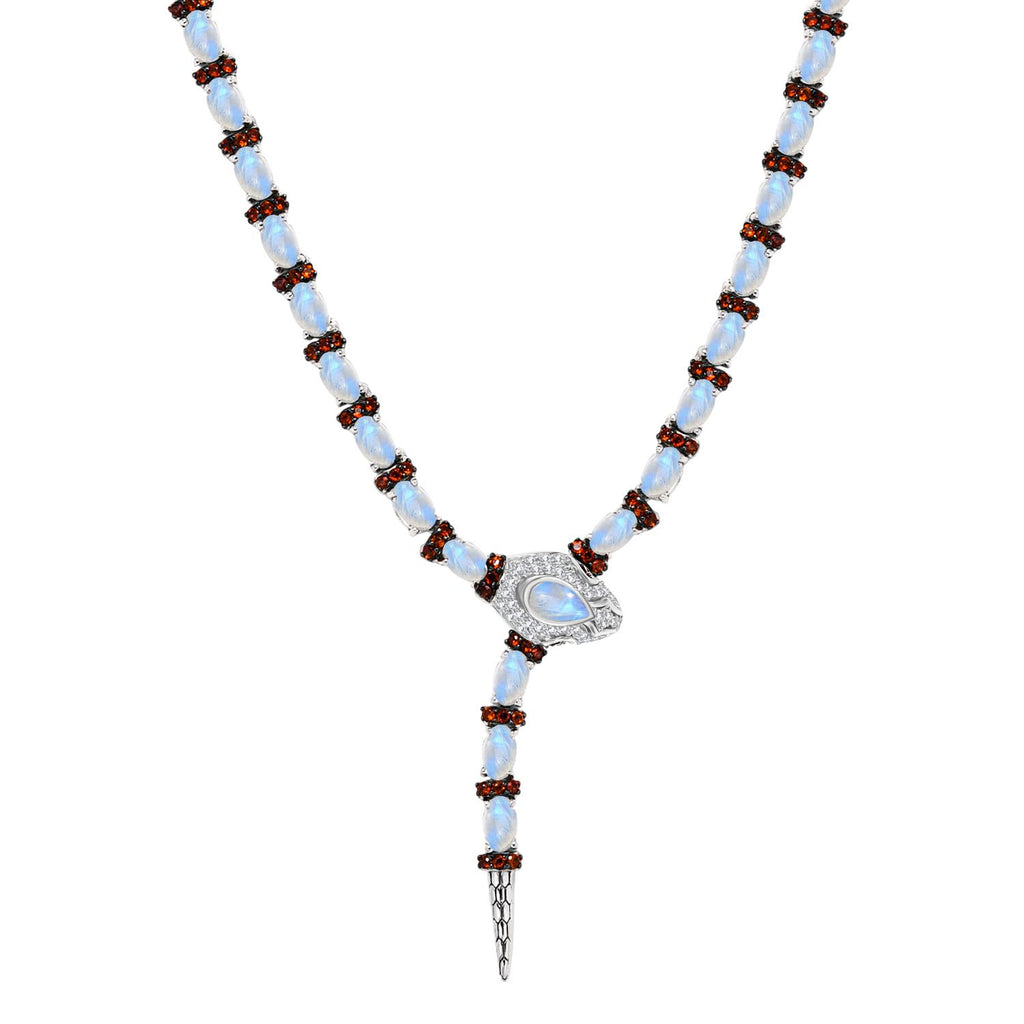 GP Trifono Kollektion- AAA Regenbogen Mondstein, Mosambik Granat, Zirkon und blauer Saphir Ring und 45cm Halskette