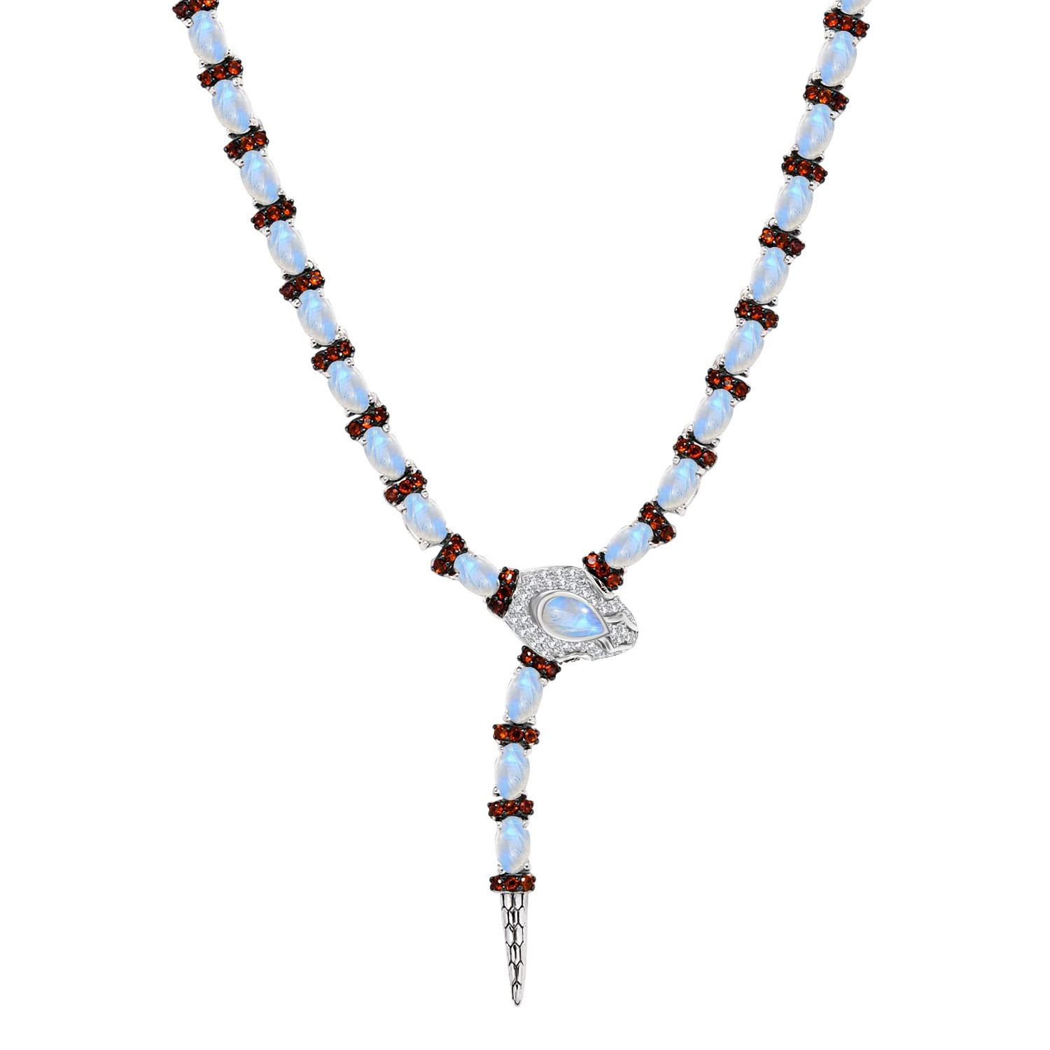 GP Trifono Kollektion- AAA Regenbogen Mondstein, Mosambik Granat, Zirkon und blauer Saphir Ring und 45cm Halskette