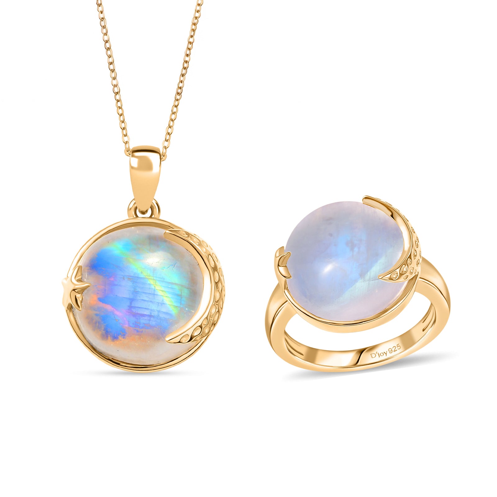 D'Joy AA Regenbogen Mondstein Ring und Anhänger mit 50cm Kette
