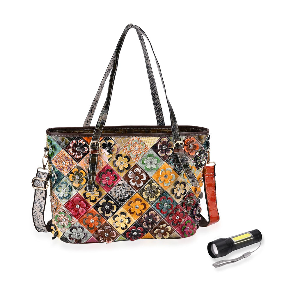 Chaos by Elsie Echtleder Crossbody Tasche im Blumenmuster mit RFID-Schutz und Mini-Taschenlampe und LA MAREY 100% Chiffon-Maulbeeren-Seidenschal
