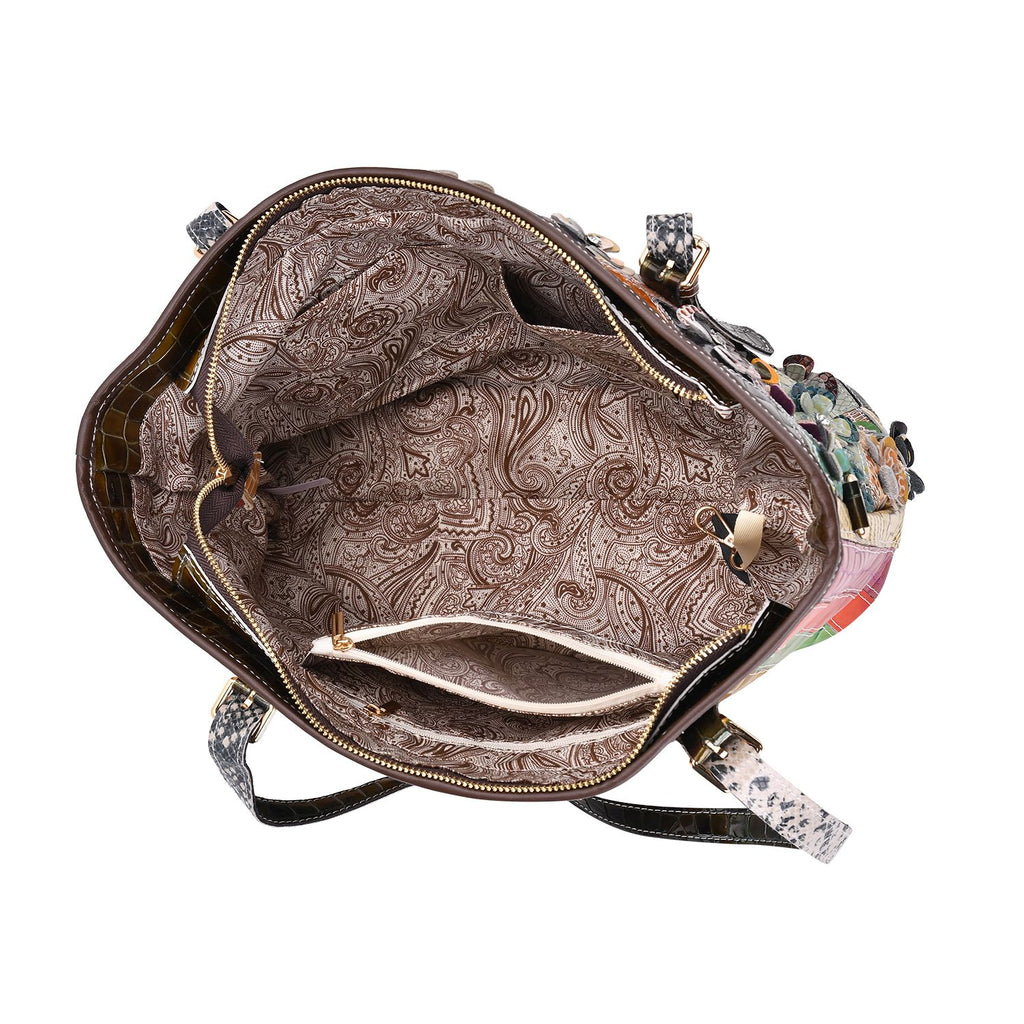 Chaos by Elsie Echtleder Crossbody Tasche im Blumenmuster mit RFID-Schutz und Mini-Taschenlampe und LA MAREY 100% Chiffon-Maulbeeren-Seidenschal