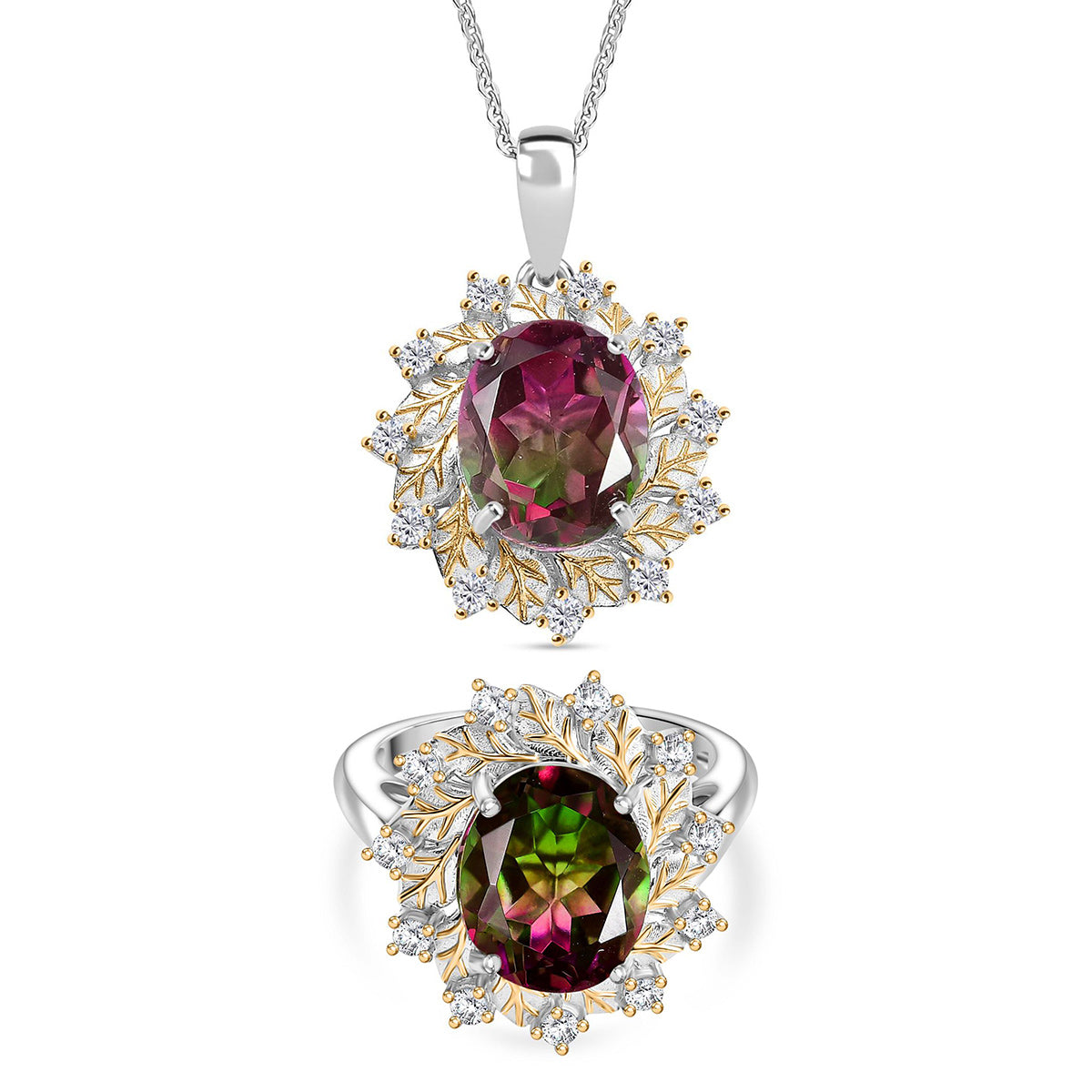 D'Joy Wassermelonen Triplett Quarz und Zirkon zweifarbiger Ring und Anhänger mit 45cm Kette