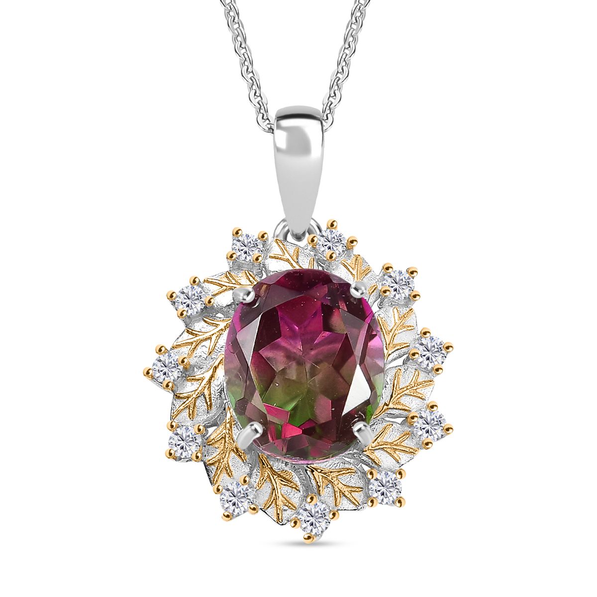 D'Joy Wassermelonen Triplett Quarz und Zirkon zweifarbiger Ring und Anhänger mit 45cm Kette