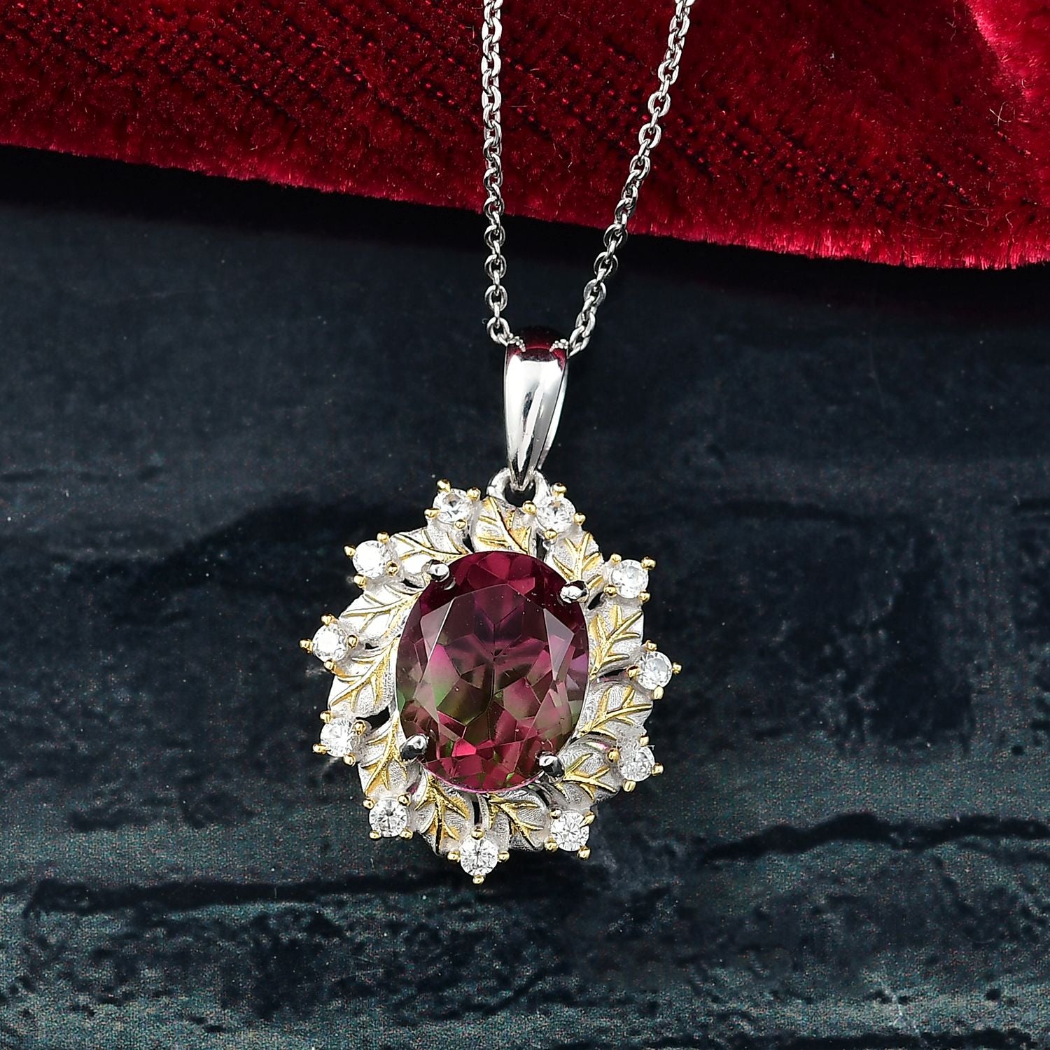 D'Joy Wassermelonen Triplett Quarz und Zirkon zweifarbiger Ring und Anhänger mit 45cm Kette