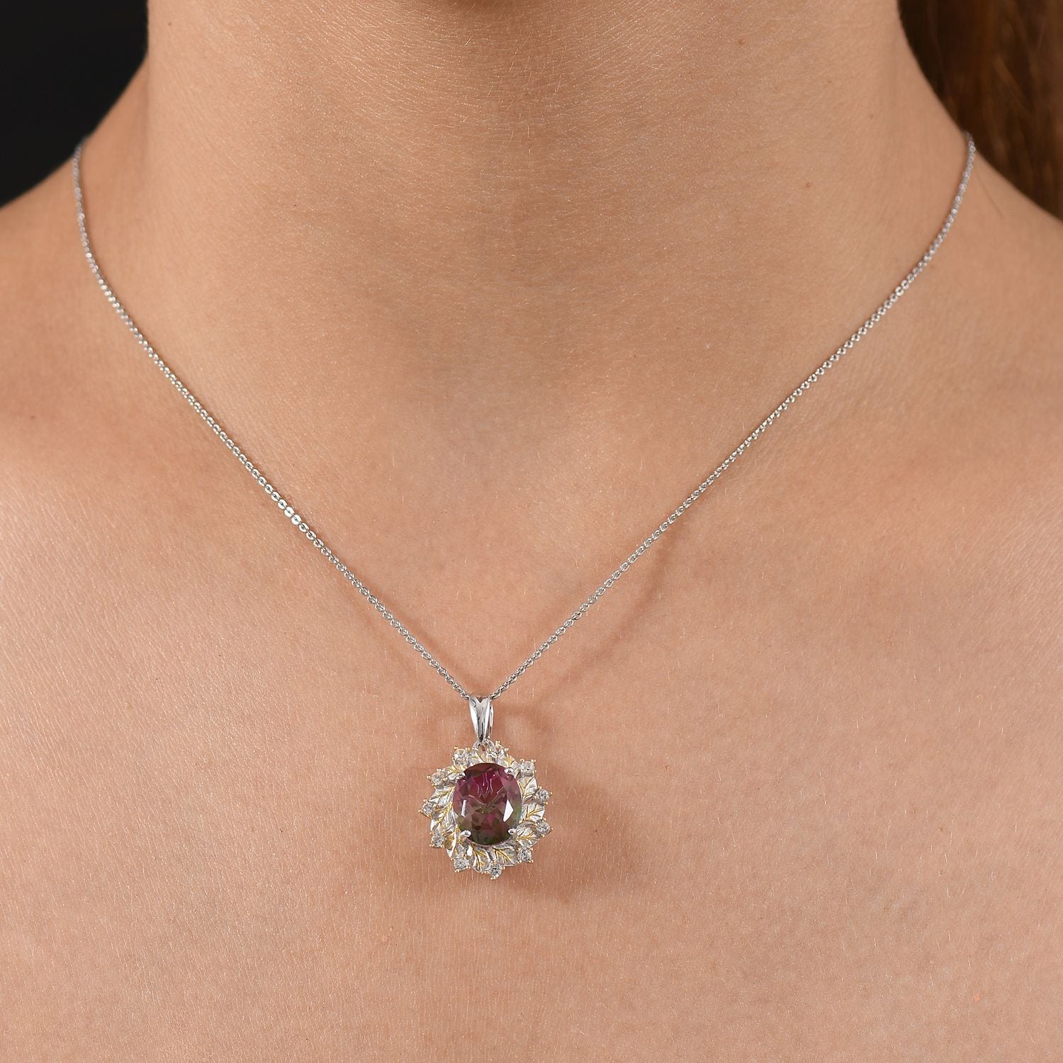 D'Joy Wassermelonen Triplett Quarz und Zirkon zweifarbiger Ring und Anhänger mit 45cm Kette