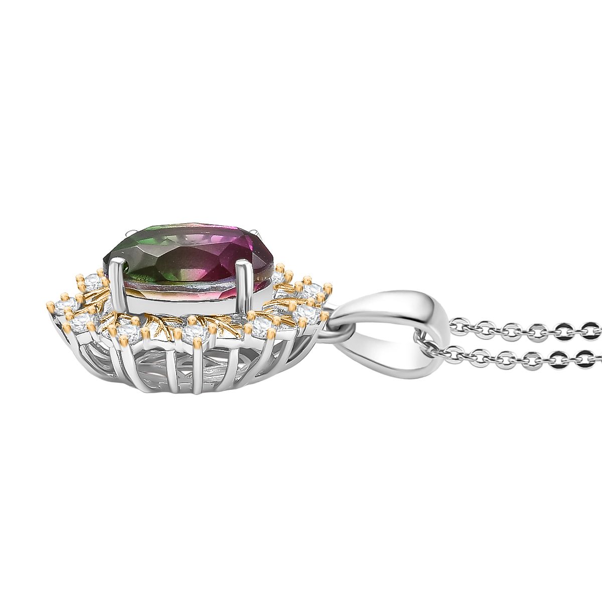 D'Joy Wassermelonen Triplett Quarz und Zirkon zweifarbiger Ring und Anhänger mit 45cm Kette