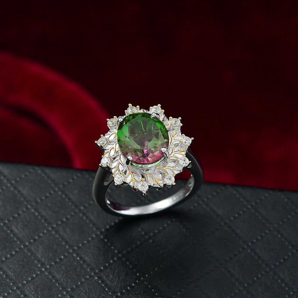 D'Joy Wassermelonen Triplett Quarz und Zirkon zweifarbiger Ring und Anhänger mit 45cm Kette