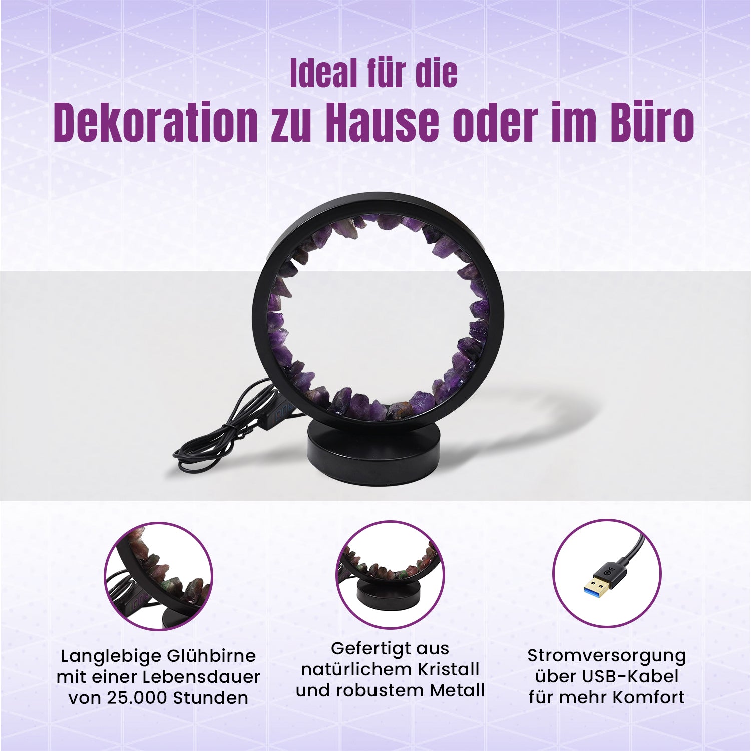 Grüne Aventurin  Rosenquarz und Amethyst Kristall-Wellnesslampe mit USB-Anschluss