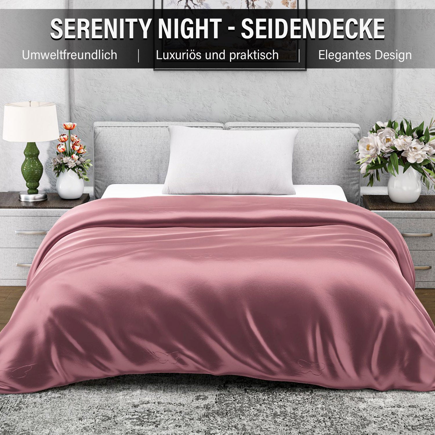 Serenity Night - 100% Maulbeerseide Sommerseidendecke mit Seidenfüllung Daunenkissen und Seidenkissenbezug Rosa