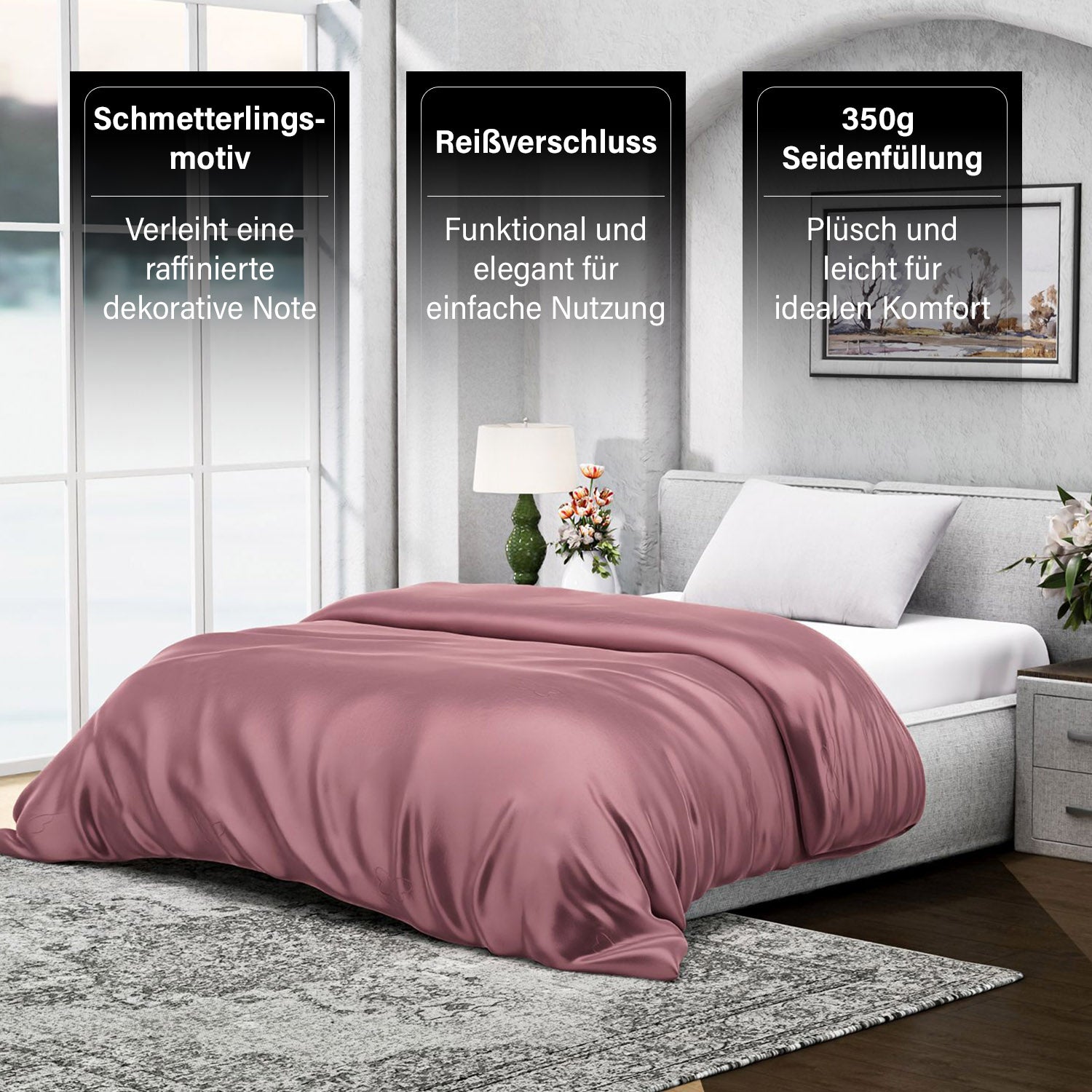 Serenity Night - 100% Maulbeerseide Sommerseidendecke mit Seidenfüllung Daunenkissen und Seidenkissenbezug Rosa