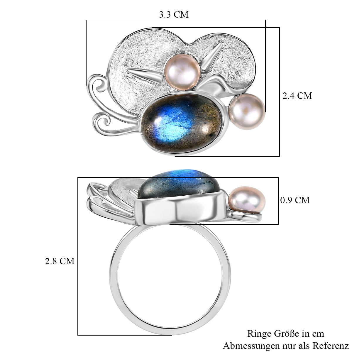 AAA Labradorit und Perlen Schmetterling Ring und Anhänger