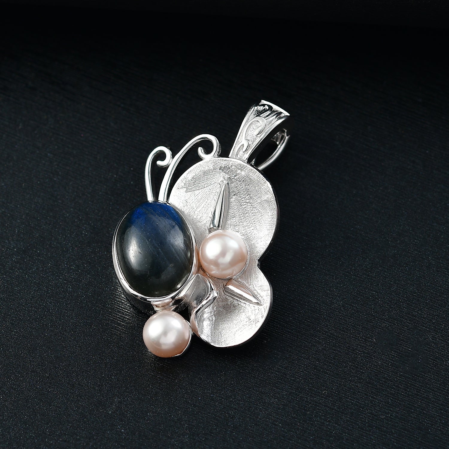 AAA Labradorit und Perlen Schmetterling Ring und Anhänger