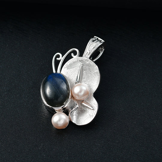 AAA Labradorit und Perlen Schmetterling Ring und Anhänger