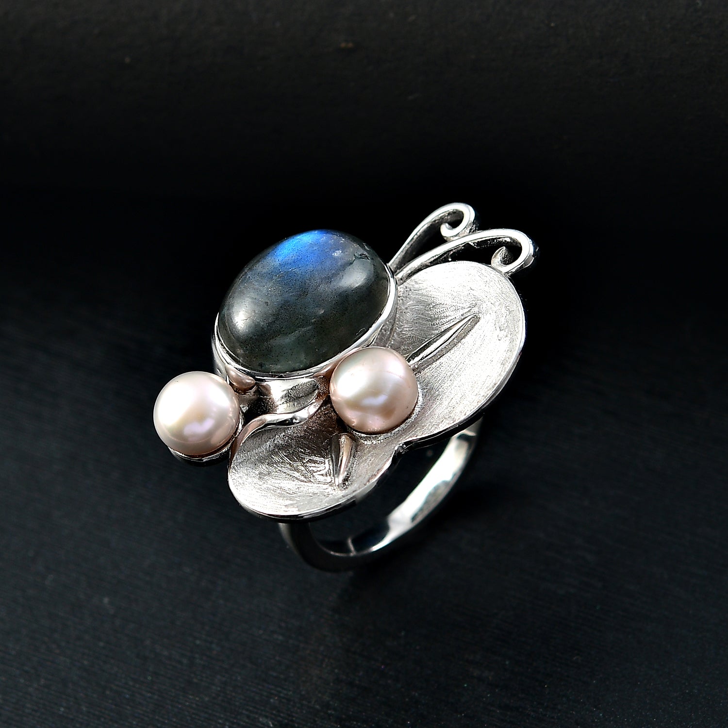 AAA Labradorit und Perlen Schmetterling Ring und Anhänger