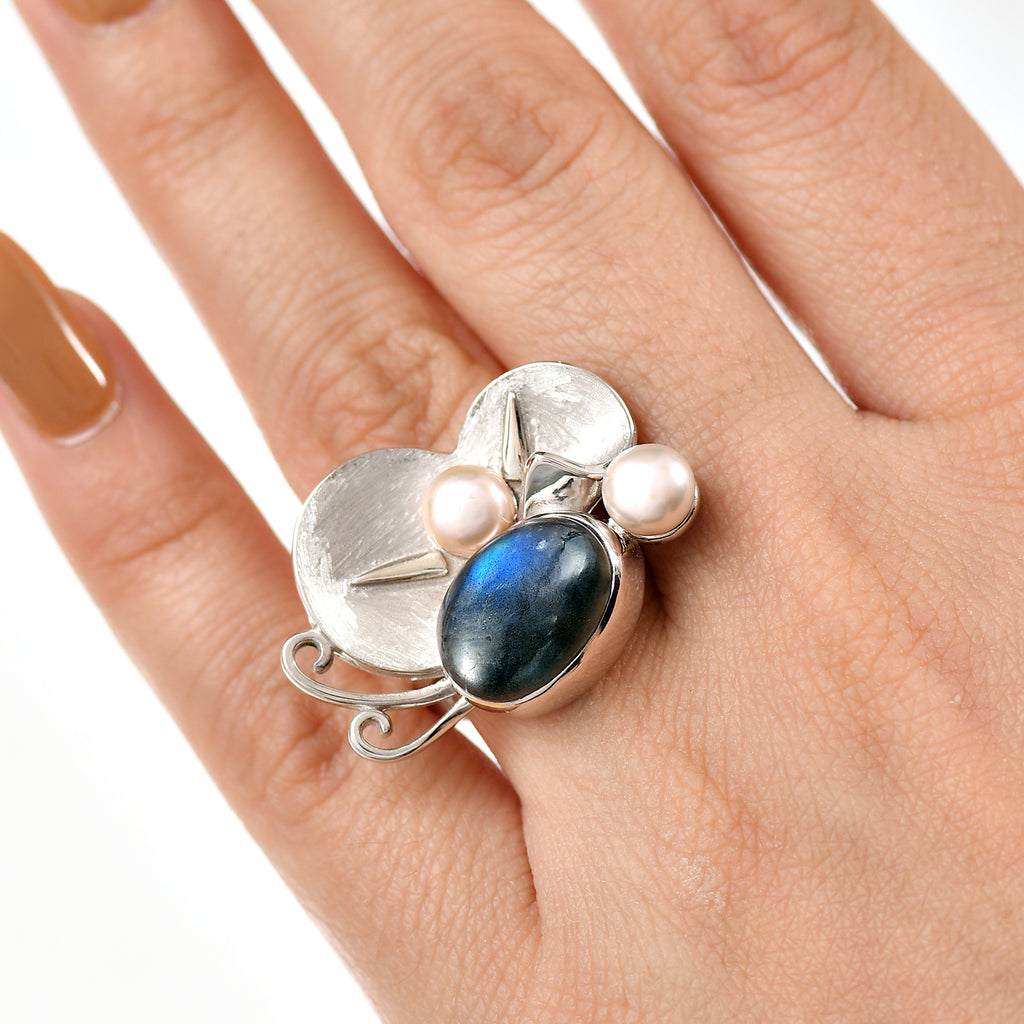 AAA Labradorit und Perlen Schmetterling Ring und Anhänger