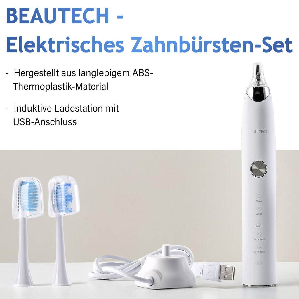BEAUTECH 5er-Set Elektronische Schallzahnbürste mit 2 Bürstenköpfen, Wasserdicht IPX7, USB-Kabel, 5 Modi