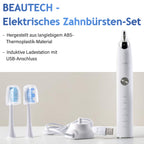BEAUTECH 5er-Set Elektronische Schallzahnbürste mit 2 Bürstenköpfen, Wasserdicht IPX7, USB-Kabel, 5 Modi