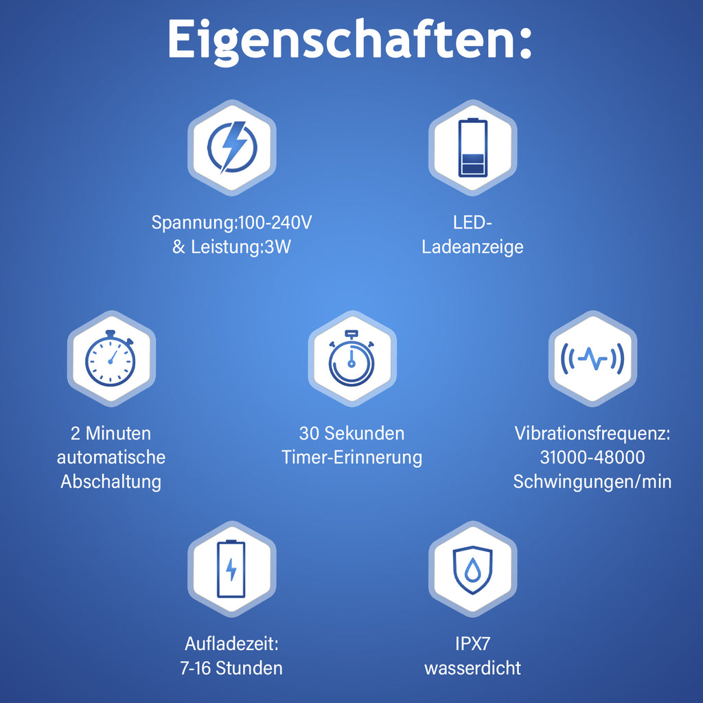 BEAUTECH 5er-Set Elektronische Schallzahnbürste mit 2 Bürstenköpfen, Wasserdicht IPX7, USB-Kabel, 5 Modi